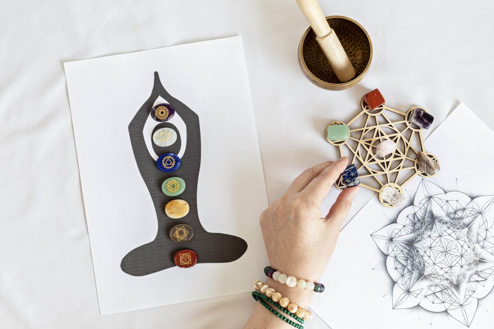 Chakra stones on figure and geometric patterns.