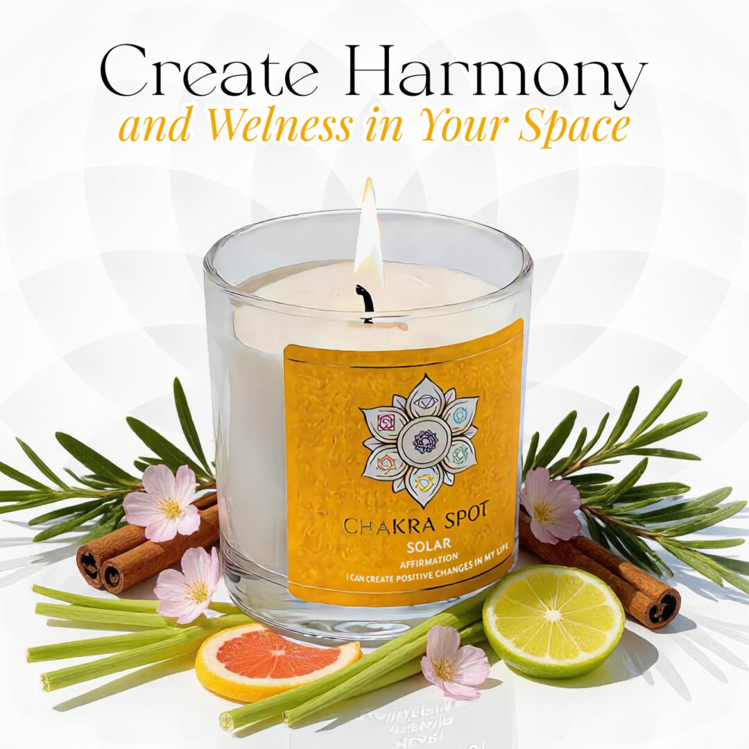 Candle with citrus and floral elements.