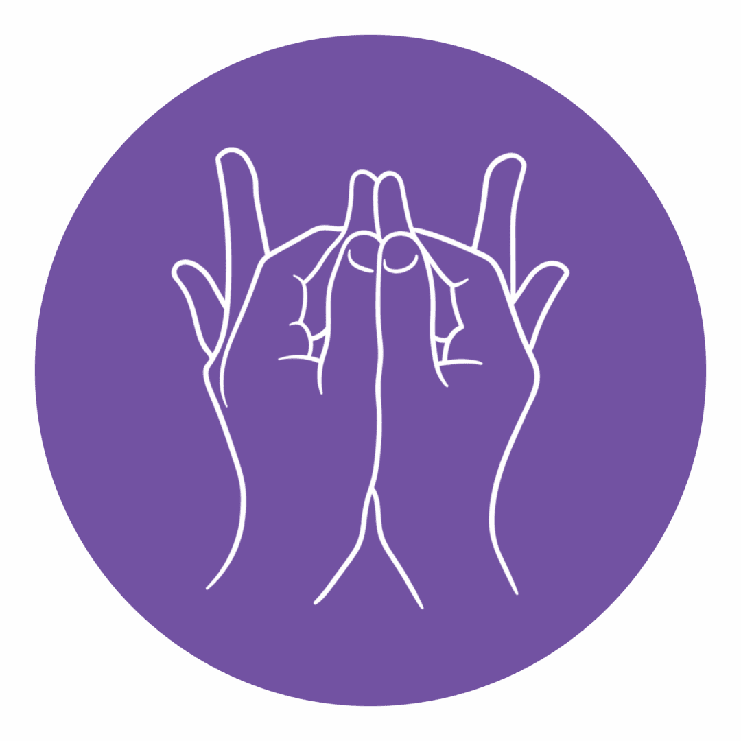 Hands forming a specific gesture, purple background.