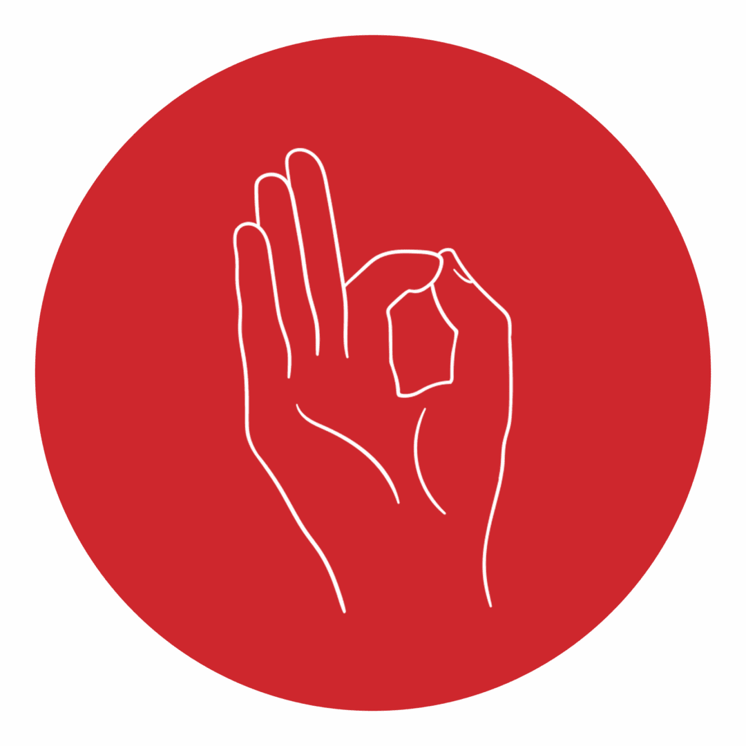 Hand making OK gesture, red background.