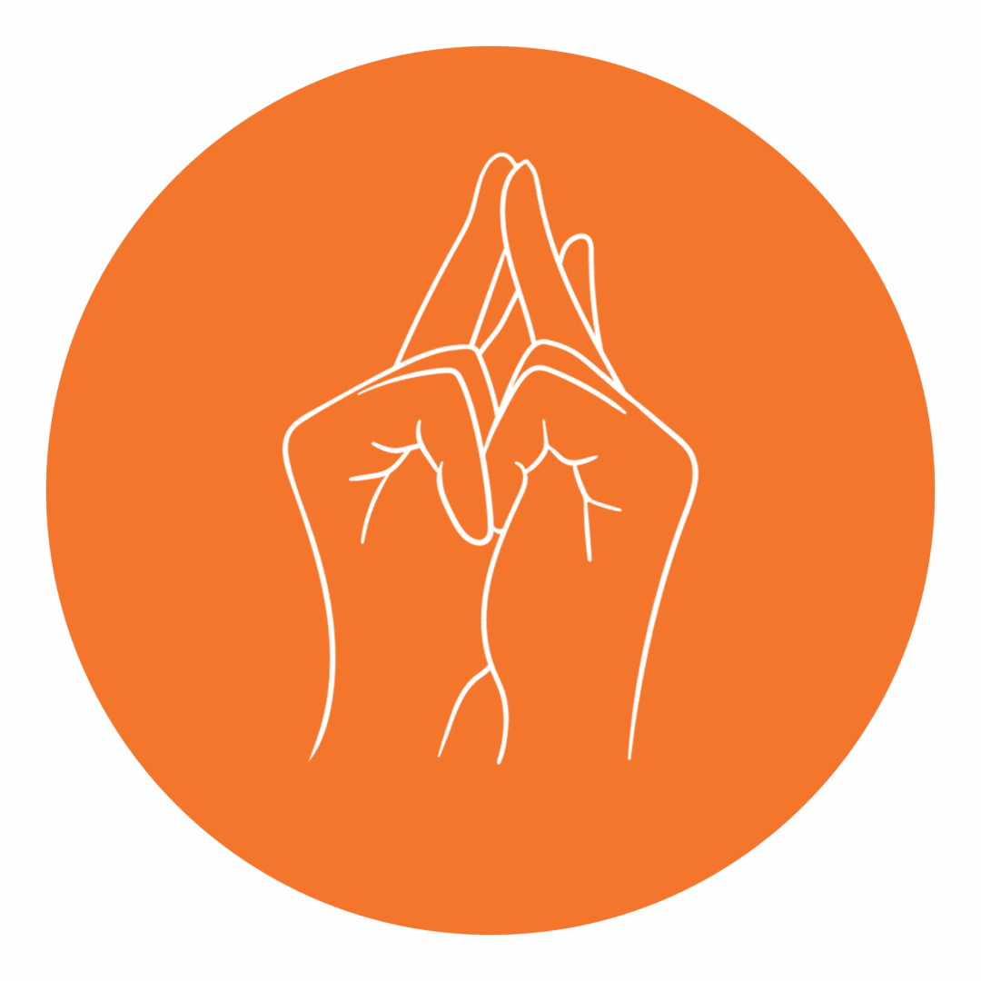 Hands in a gesture, orange circle background.