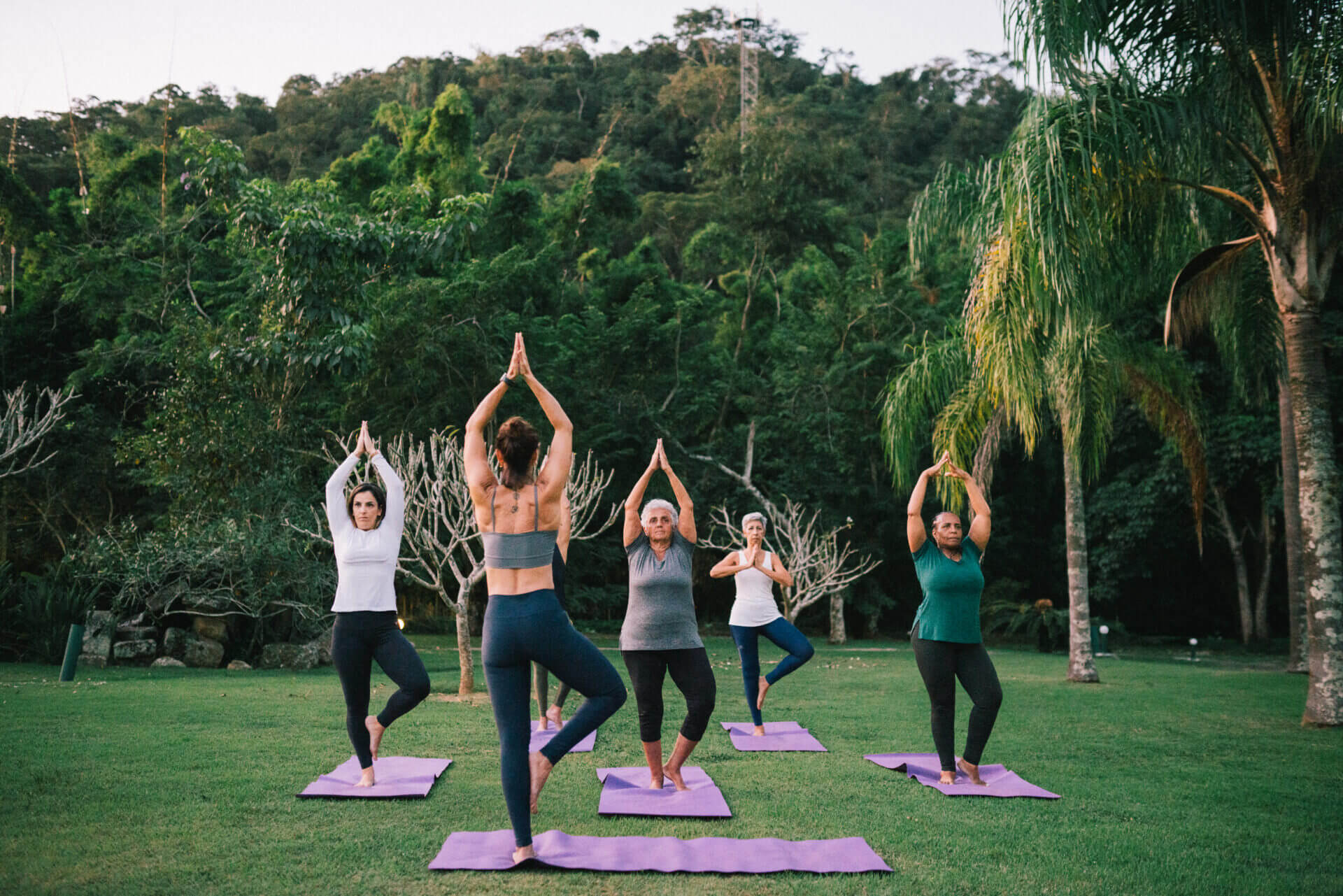 Group practicing yoga outdoors on mats.