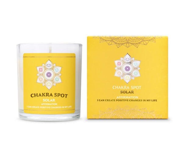 Yellow chakra candle and box with affirmation.