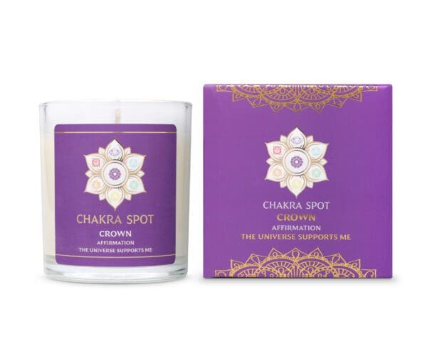 Crown chakra candle with affirmation packaging.
