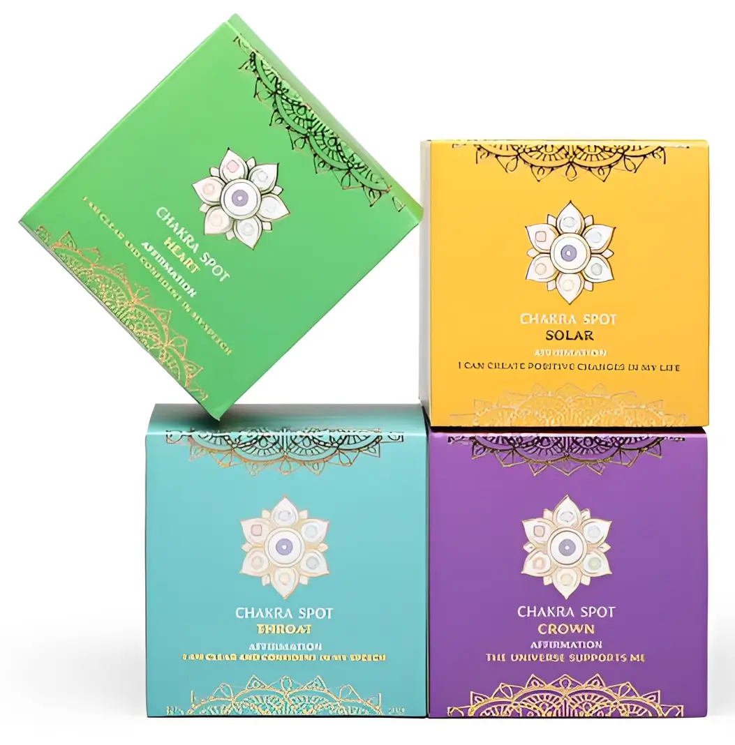Colorful chakra spot affirmation boxes stacked.