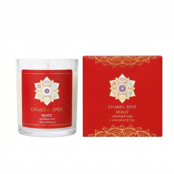 Red chakra candle with affirmation label.