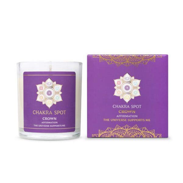 The Chakra Spot Crown candle and purple gift box