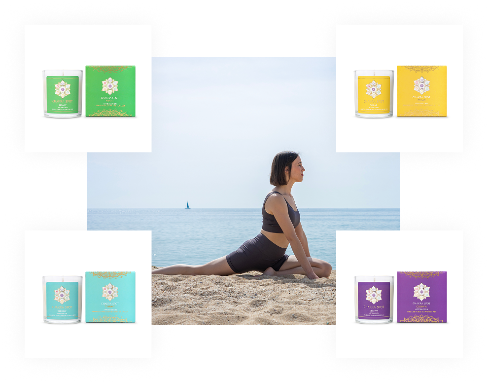 The Chakra Spot candle collection in green, yellow, turquoise, and purple